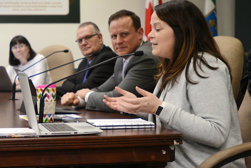 Coun. Jill Burridge speaks during Wednesday’s Stratford council meeting. Burridge, who chairs the town’s community campus committee, said the town will be engaging residents to see what they want included in the long-term vision and whether they would want to seek Canada Games funding if it’s available.