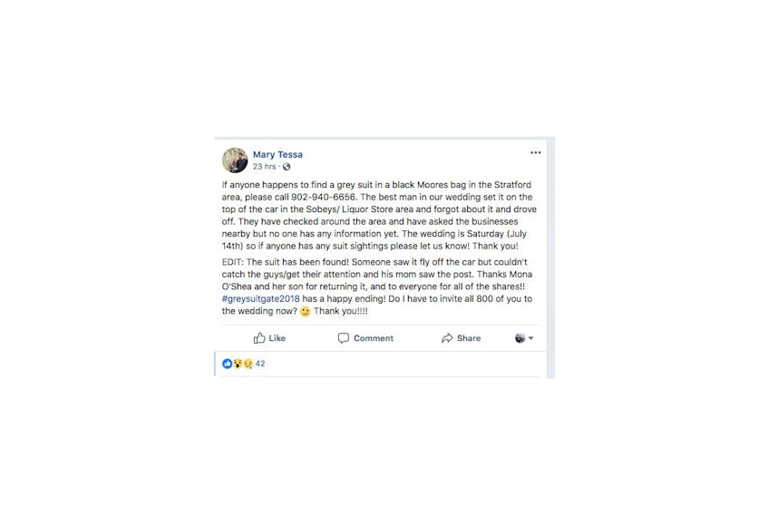 This screenshot shows Tessa Roche's Facebook post earlier this week asking for help in tracking down the missing suit for the best man at her wedding this weekend.