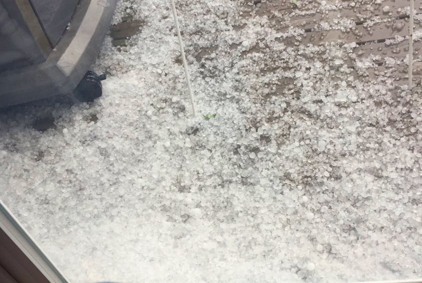 Severe thunderstorms over Prince County Friday afternoon produced hail in Summerside, as seen here on this patio.