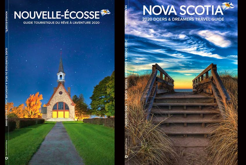 At left, Mark Klaamas’ photo showcases the Grand Pré National Historic Site and it will be the cover of next year’s French-language version of Nova Scotia’s Doers and Dreamers guide.  At right, a photo of Melmerby Beach by Angie Turner was selected for the cover of next year’s English-language version of the guide.