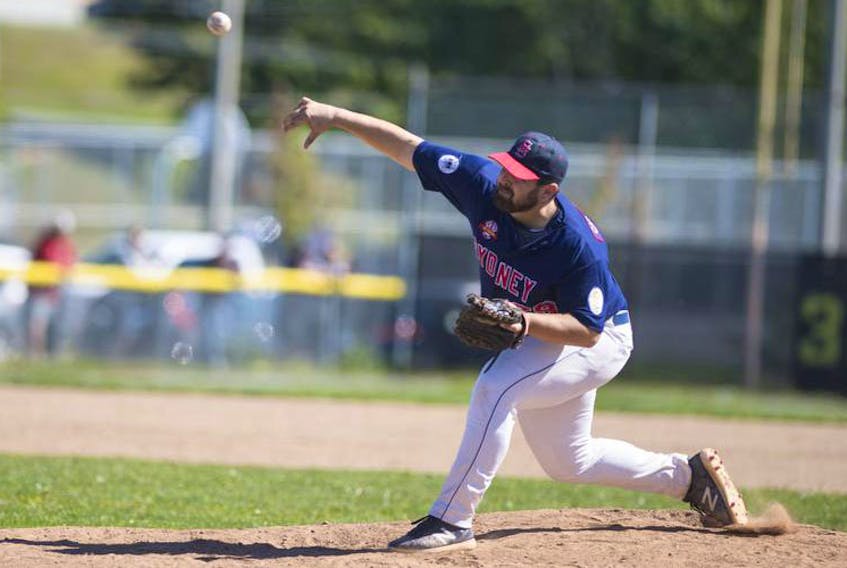 Sydney Sooners pitcher Justin Brewer delivers a pitch to the plate against the Dartmouth Moosehead Dry during Game 2 of the Nova Scotia Senior Baseball League final at Dartmouth’s Beazley Field on Sunday afternoon.