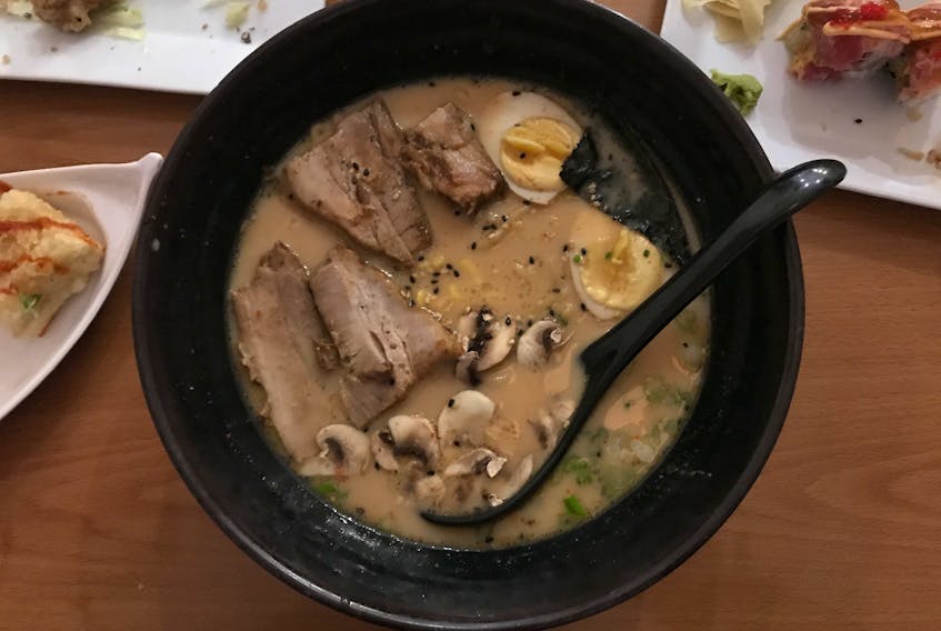Featuring a large menu with salads, appetizers, teppanyaki udon and soba, sushi, and this Hokkaido ramen, Tako Sushi and Ramen has something for everyone.  -Kelly Neil