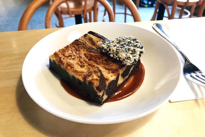 Side Hustle Snack Bar’s chocolate tahini brownie with miso caramel and sesame brittle is a thing of beauty and decadence.