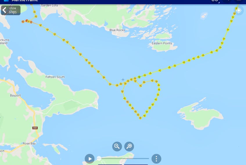 The Bluenose II sailed in the shape of a heart in the Lunenburg Harbour on the last day of its 2020 season on Monday, Sept. 14, 2020, to thank Nova Scotians.