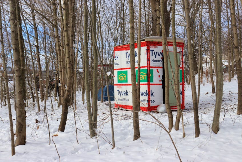 Two temporary shelters are seen in a thicket of trees in Dartmouth on Monday, Jan. 25, 2021. Halifax Mutual Aid built the shelters and set them up as part of what it calls a Band-Aid solution to the city's affordable housing crisis.