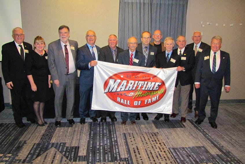 The Class of 2019 was inducted into the Maritime Motorsports Hall of Fame on Nov. 16. Recognized for their outstanding achievements in Maritime motorsports as competitors, builders and promotors, the 10 inductees were (left to right): Greg and Claudette Turner (N.B.), Ken Cunning (N.S.), Wendell Taylor (P.E.I.), Bill Sheppard (N.S.), Allan and Roy O'Blenis (O'Blenis Auto Body, N.B.), Paul Chenard (N.B.), Trueman Copp (N.B.), Bill Snowdon (N.B.), and Joe Baker (N.S.). - Maritime Motorsports Hall of Fame and Museum