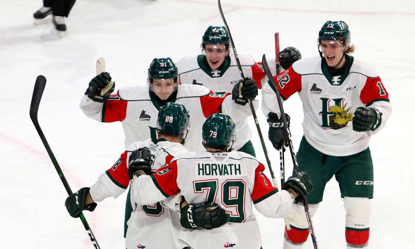 Halifax Mooseheads players celebrate the game’s only goal by Kevin Gursoy (88) in a 1-0 win over the Rimouski Oceanic in QMJHL action on Thursday night at Scotiabank Centre. ERIC WYNNE / The Chronicle Herald