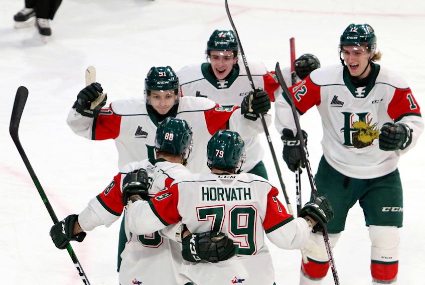 Halifax Mooseheads players celebrate the game’s only goal by Kevin Gursoy (88) in a 1-0 win over the Rimouski Oceanic in QMJHL action on Thursday night at Scotiabank Centre. ERIC WYNNE / The Chronicle Herald