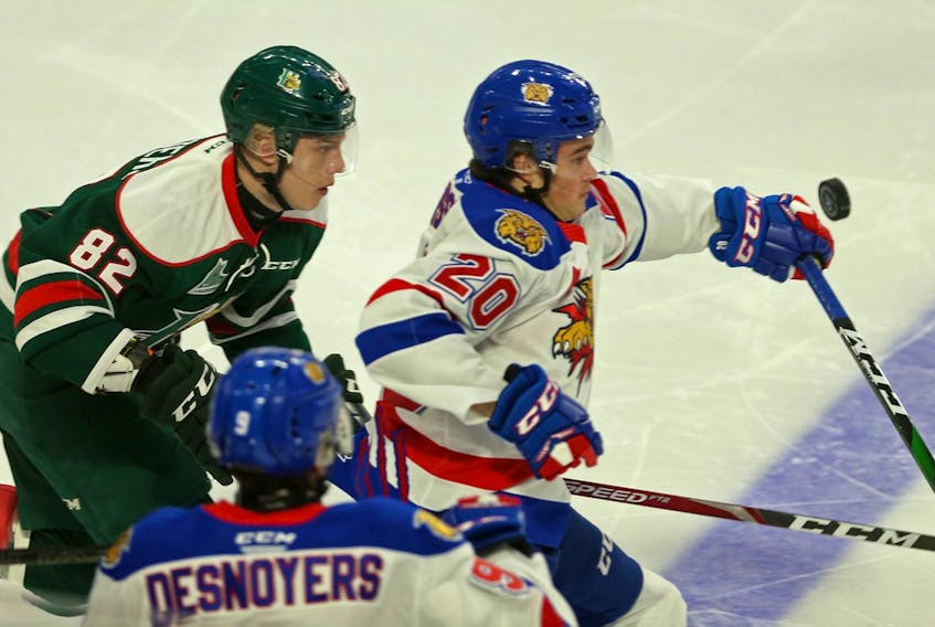 Halifax Mooseheads winger Senna Peeters, left, and Moncton Wildcats defenceman Axel Andersson track the puck during a QMJHL game at the Scotiabank Centre. (TIM KROCHAK/Chronicle Herald)