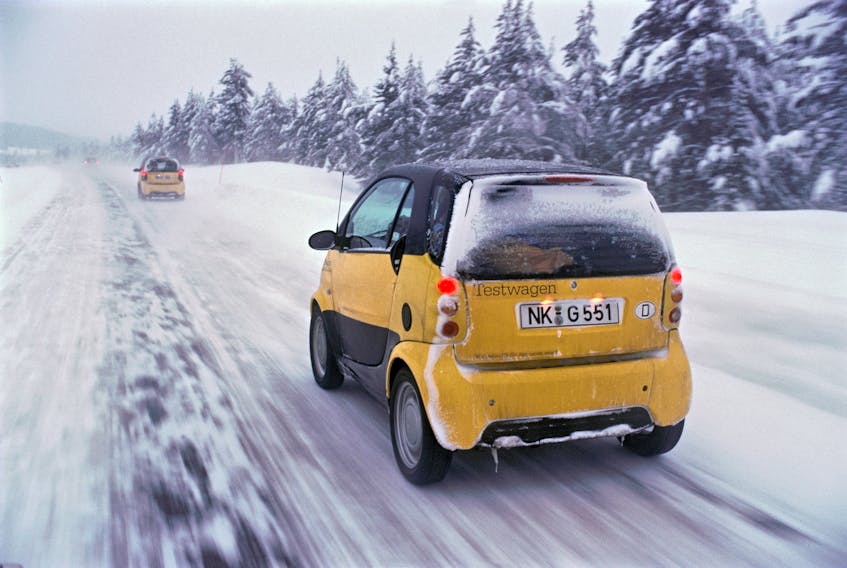 A Smart ForTwo prototype undergoing winter testing.