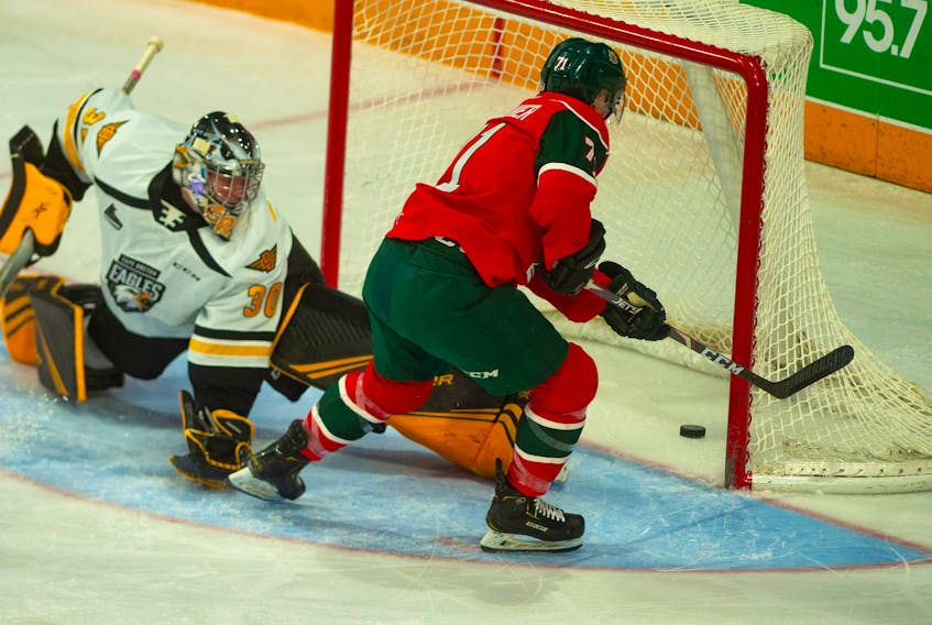 Halifax Mooseheads' Maxim Trepanier scores his second goal of the game on Cape Breton Eagles goalie William Grimard during the first period of Friday night's QMJHL game at the Scotiabank Centre. Ryan Taplin - The Chronicle Herald
