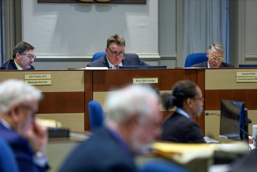 Jan. 14, 2020—File shot of Municipal Solicitor John Traves, left, Mayor Mike Savage, centre, and Chief Administrative Officer Jacques Debé at Halifax Regional Muncipality city council in session Jan. 14, 2020.
ERIC WYNNE/Chronicle Herald