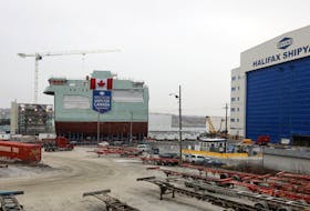 Jan. 22, 2021--Work continues as the centre block of the future HMCS Max Bernays moves slowly out of the Halifax Shipyard assembly hall Friday morning. The Irving Shipyard says over the next two days the the centre and stern mega-blocks of the Canada's third Arctic and Offshore Patrol Ship (AOPS) for the Royal Canadian Navy, will be transported outside.
ERIC WYNNE/Chronicle Herald