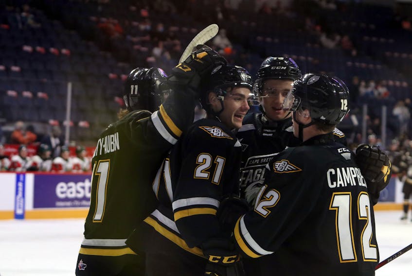 Feb. 12, 2021--The Cape Breton Screaming Eagles jubilate after their second goal late in the first period against the Halifax Mooseheads.
ERIC WYNNE/Chronicle Herald