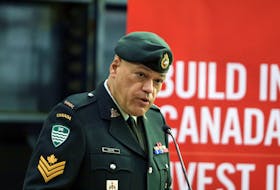 Feb. 17, 2021--Sergeant Phillip Safire, representing the family of William Hall, VC, takes to the podium during the Keel Laying Ceremony at the Halifax facility. The future HMCS William Hall is currently under production as part of Canada's Harry DeWolf Classs Arctic Offshore Patrol Ship fleet.
ERIC WYNNE/Chronicle Herald
