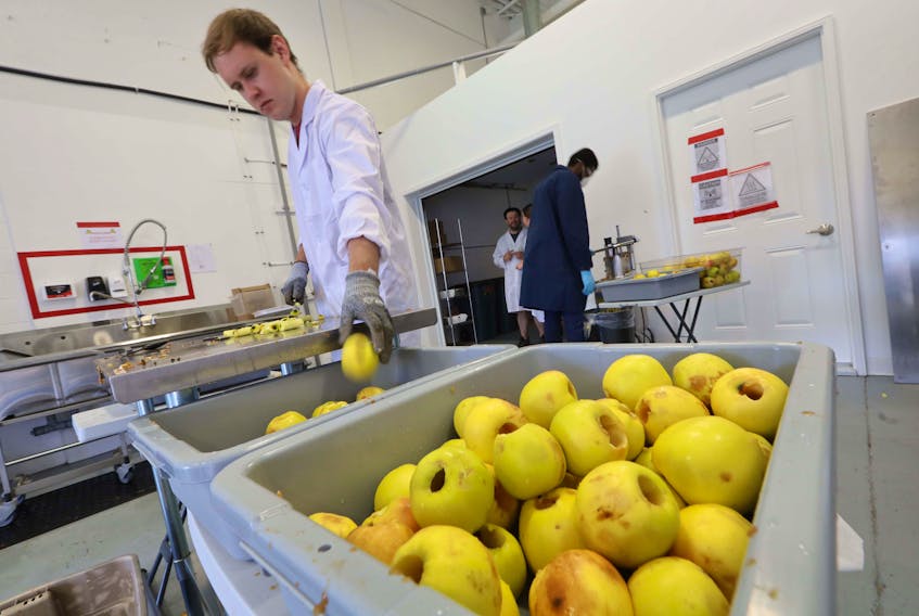 Evan Johnson cores non-market grade apples at Outcast Foods in Burnside.
