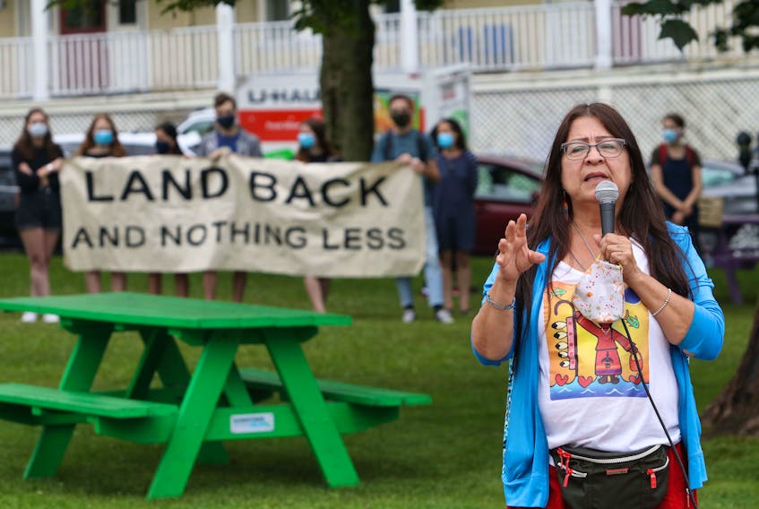 Doreen Bernard speaks as roughly 250 people congregated at the park in front of the Westin Hotel in Halifax for a No More Stolen Sisters rally on Wednesday, July 1, 2020. After smudging and prayers, the rally made its way down to Sackville Landing to join up with the Day of Rage rally for people who were calling for an end to apartheid in Palestine.