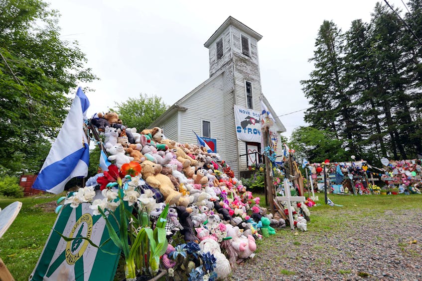 July 23, 2020—Items of condolence overflow on the steps and yard in front of the old Portapique Church Thursday. (photo for any coverage of the Portapique/Masstown shootings.
ERIC WYNNE/Chronicle Herald