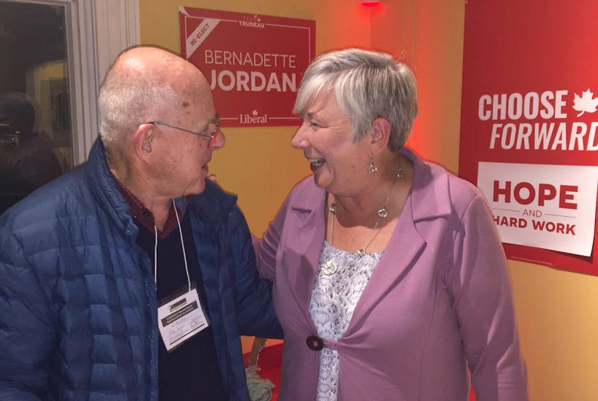 Liberal Bernadette Jordan talks to supporter Jack Logan after winning the South Shore-St. Margarets riding.