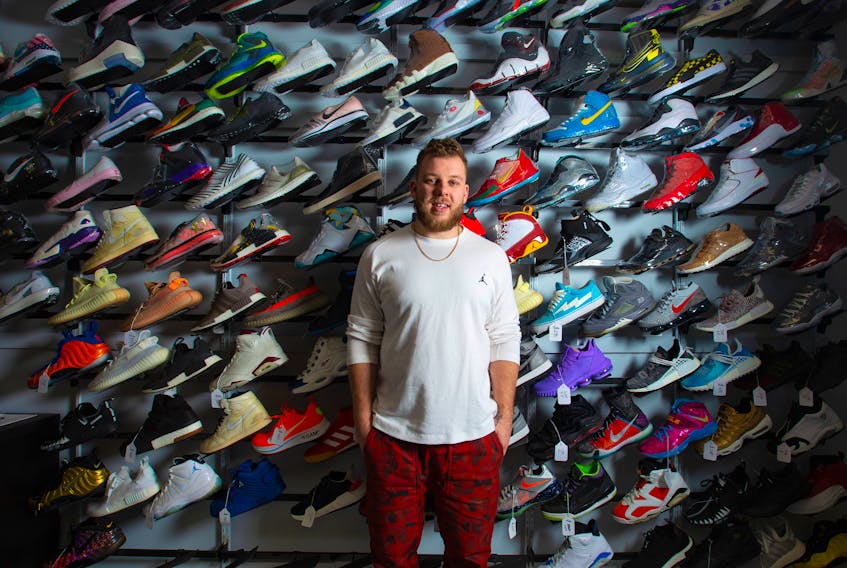 John Connors, owner of East Coast Kicks, poses for a photo in front of a wall of sneakers at his West Street store in Halifax on Monday, Nov. 18, 2019.
Ryan Taplin - The Chronicle Herald