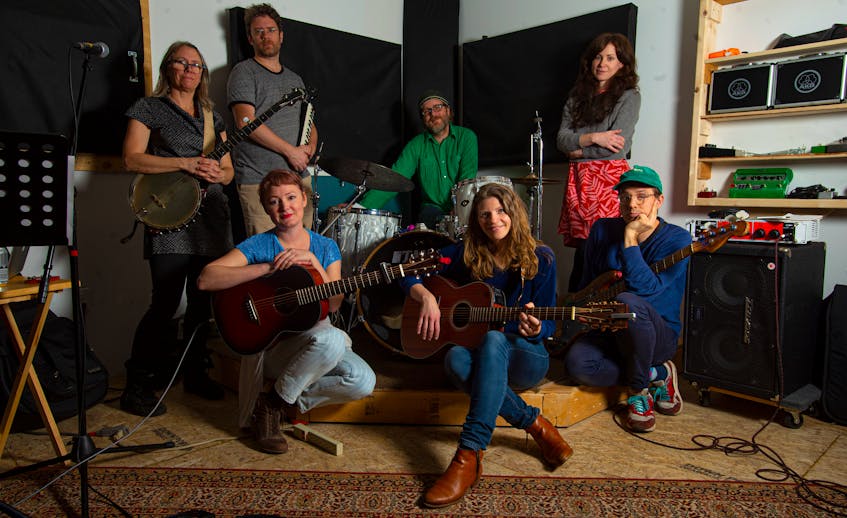 Musicians (standing from left) Kim Barlow, Dave Christensen, Mark Adam, Kristen Hart Lewis, Mel Stone (front) Cassie Josephine, Terra Spencer and Matt McQuaid are all performing in Chasin' The Sun: A Tribute to Judee Sill at The Art Bar on Saturday night.