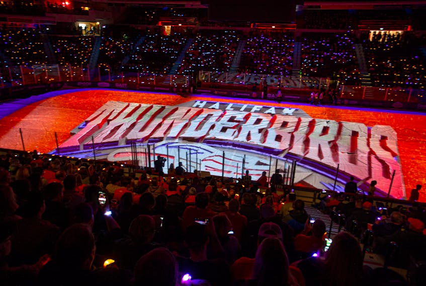 A Halifax Thunderbirds logo is projected onto the Scotiabank Centre floor during a pre-game ceremony on Saturday night. Ryan Taplin / The Chronicle Herald