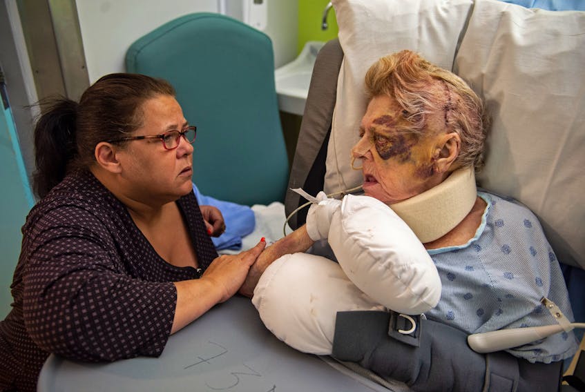 Tina Williams talks with her 73-year-old mother Nancy Kelsie at the Halifax Infirmary on Thursday, Jan. 30, 2020. Kelsie was injured on Jan. 21 at the Melville Lodge nursing home.
