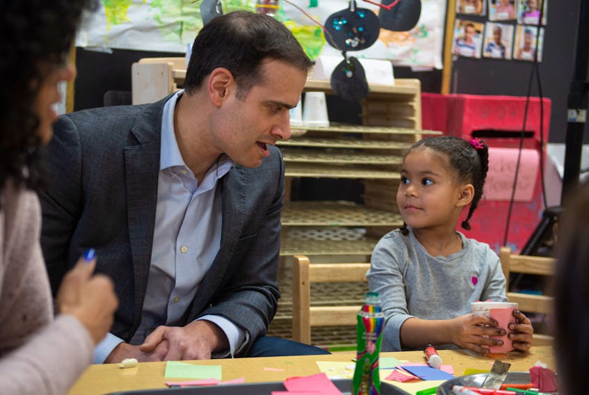 Education Minister Zach Churchill talks with pre-primary student Lillian Powers prior to an announcement at Chebucto Heights Elementary on Tuesday, February 11, 2020. The pre-primary program is being expanded to the remaining 48 schools who didn't already have it.