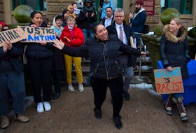 Santina Rao smiles as she acknowledges her supporters outside Halifax provincial court on Wednesday, February 19, 2020. Rao says she was assaulted by police during an arrest at the Mumford Road Walmart last month. Rao is charged with causing a disturbance, assaulting a police officer and resisting arrest.