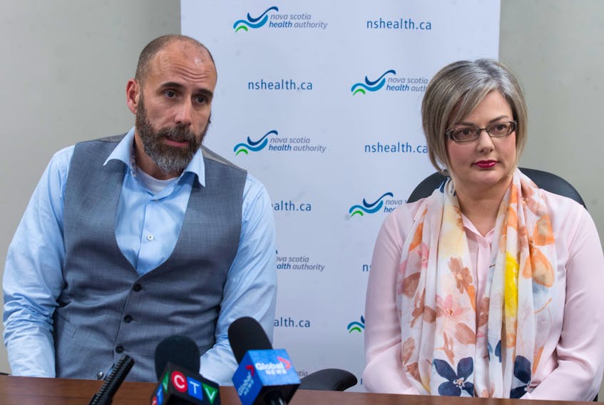 Dr. Todd Hatchette, chief of microbiology with the Nova Scotia Health Authority and Bethany McCormick, senior director of strategy, planning and performance at the NSHA, speak at a COVID-19 press conference in Bayers Lake on Thursday, March 12, 2020.