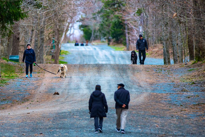 People stroll through Point Pleasant Park in Halifax, N.S., after parks and trails were reopened to the public on Friday, May 1, 2020.