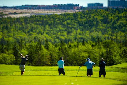 Golfers tee off on the 12th hole at the Links at Brunello course in Timberlea on Thursday, August 20, 2020.