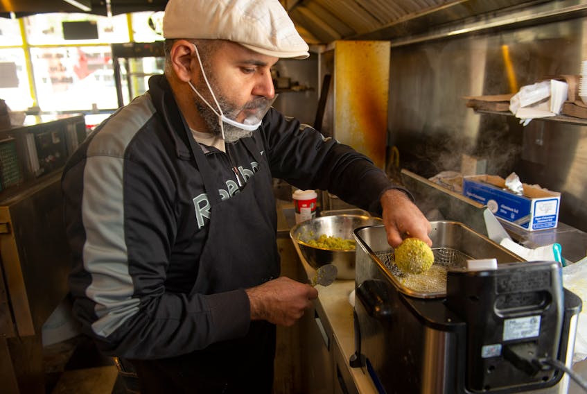 Mohammed AbuSaad makes falafel at his new Falafel Factory location inside Papa Mario's at 1189 Bedford Highway on Thursday, November 19, 2020.
