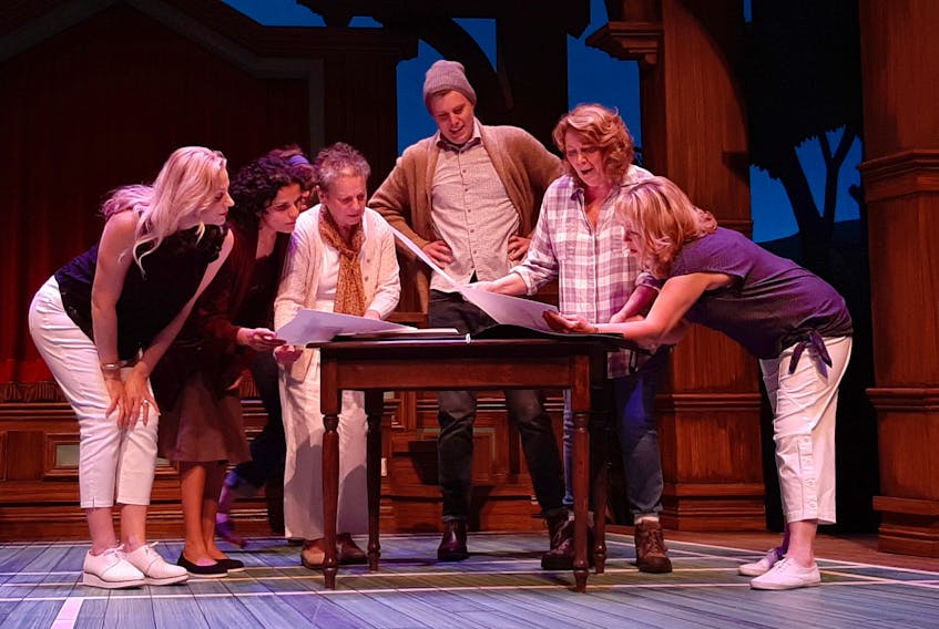 The cast of Neptune Theatre's production of Calendar Girls, from left to right: Francine Deschepper, Sharleen Kalayil, Marlane O'Brien, Zach Faye, Shelley Thompson, and Martha Irving.