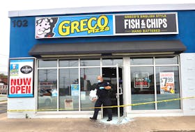 Sept. 29, 2020—HRP forensics have the Greco Pizza at Albro Lake taped off. Damage to the front of the business is clearly visible. The adjoining NAPA garage also appears to be affected.
TIM KROCHAK/Chronicle Herald