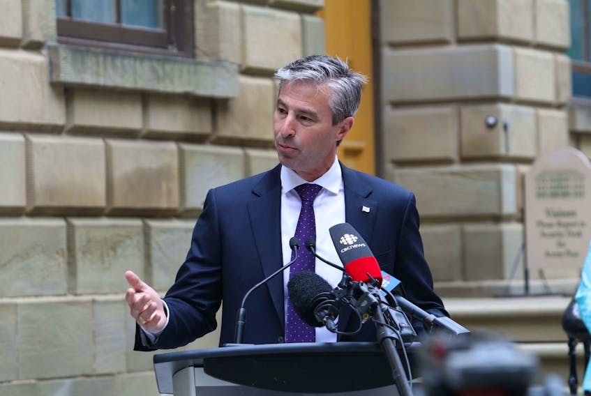 Nova Scotia Conservative Leader Tim Houston speaks to the media on the grounds of Province House Wednesday morning. The party has released a school reopening plan for September.