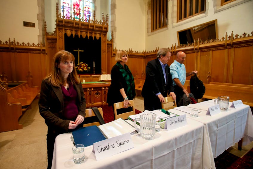 Halifax federal candidates, from left, Christine Saulnier (NDP), Jo-Ann Roberts, (Green), Bruce Holland (Conservative)  and incumbent Andy Filmore (Liberal) get set for a candidates' forum at First Baptist Church in Halifax on Sunday. 
TIM KROCHAK/ The Chronicle Herald