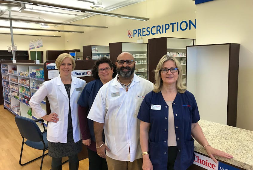 From left: Deborah Ellis, pharmacist/manager/owner, Helen Whittaker, pharmacy assistant, Sandeep Sodhi, pharmacist/owner and Janet Crowell, pharmacy assistant, want to welcome customers to West End Family PharmaChoice that just opened at 510 Prince Street in the Eagle’s Landing Medical Plaza.