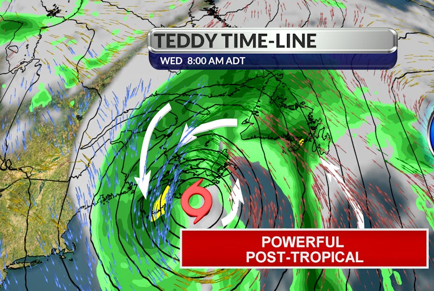 Predictions for hurricane Teddy's movements as of the afternoon of Monday, Sept. 21.