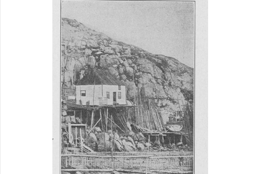 A house constructed on a stage at Labrador. The picture is reproduced from Rev. Patrick William Browne’s “Where the Fishers Go” (1909). He describes the picture as showing “a house on shores.”