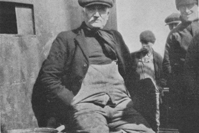 From the tough old days, a picture of Newfoundlander Edwin Tucker aboard the Terra Nova during the seal hunt of 1922. Photo reproduced from "Vikings of the Ice" by George Allan England, 1923. Tucker was the ship's carpenter on that voyage. He willingly gave up his berth and slept each night on an unforgiving board so that England, a visitor from New Hampshire, could have restful nights.