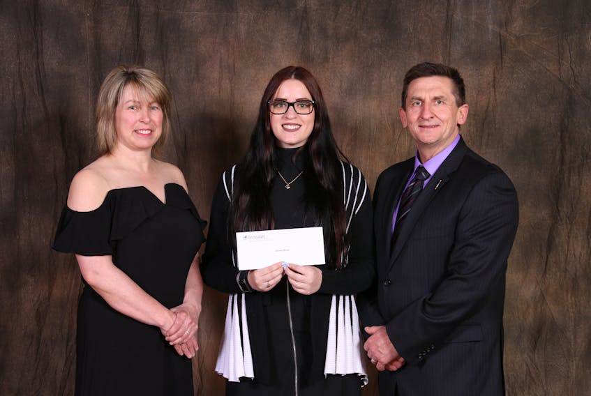 (From left) Tina Auchinleck-Ryan – Recreation Newfoundland and Labrador president, Chelsea Brake, Mount Pearl (Academy Canada Student) and Derek Bennett, Parliamentary Secretary to the Minister of Children, Seniors and Social Development are shown at the recent presentation of the scholarship.