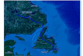 Submitted — A map shows the route of the Churchill Falls-Muskrat Falls and the Labrador-Island Transmission Link transmission lines.