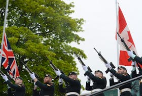 Members of the Royal Newfoundland Regiment firing party fire volleys during the Memorial Day service Monday morning at the National War Memorial on Water Street in downtown St. John’s. July 1 is also Canada Day, but is mainly commemorated as Memorial Day in the province to honour the loss of approximately 700 soldiers of the 1st Newfoundland Regiment at Beaumont-Hamel during the First World War.