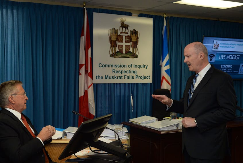 Muskrat Falls Inquiry co-counsel Barry Learmonth (right) questions former premier Danny Williams during hearings Monday in St. John’s.