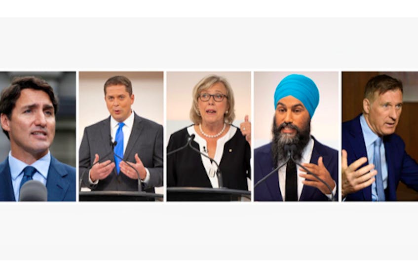 Party promises on pharmacare range from promising a universal, national program, to leaving it up to individual provinces to implement if they choose. Pictured (from left) are the federal party leaders: Liberal Justin Trudeau, Conservative Andrew Scheer, Green Elizabeth May, New Democrat Jagmeet Singh and People's Party Maxime Bernier.