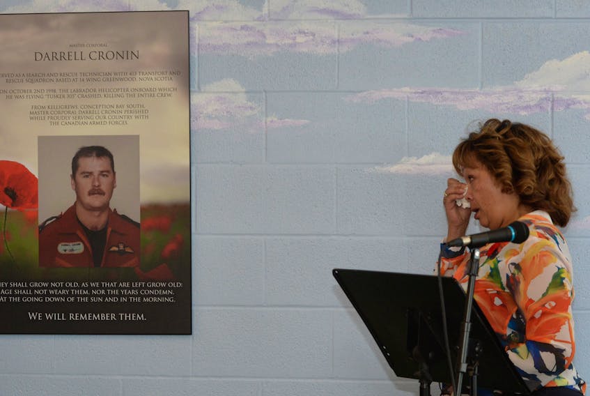 A special dedication ceremony took place at Admiral’s Academy in Kelligrews in the library/resource learning centre to honour the late M/Cpl. Darrell Cronin who lost his life on Oct. 2, 1998 as a member of the Canadian Armed Forces. An emotional Melinda Patton, widow of the late Darrell Cronin, reflected on memories of her husband after the plaque was unveiled.
