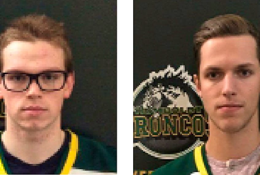 Humboldt Broncos goaltender Parker Tobin (left) and teammate Xavier Labelle are shown in undated team photos. After it was initially thought Labelle had been killed and Tobin injured in the horrific bus crash last Friday in Saskatchewan, it turns out the two players were misidentified. Tobin was killed in the crash, and Labelle is in hospital with extensive injuries.