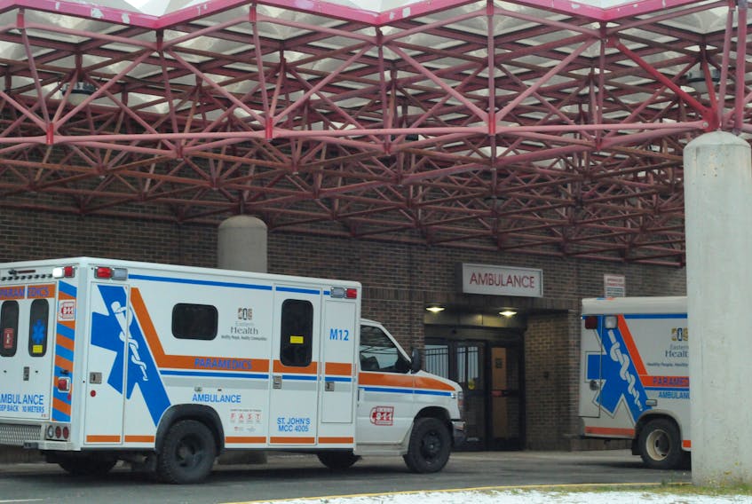 Two Eastern Health ambulances at the Health Sciences Centre’s emergency entrance on Monday morning.