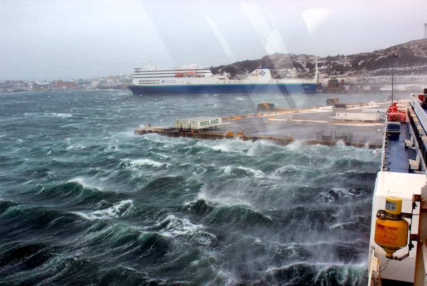 Marine Atlantic’s ferry Blue Puttee, pictured recently docked in Port aux Basques, has had several cancelled crossings on the gulf over the last three weeks due to extreme weather.
